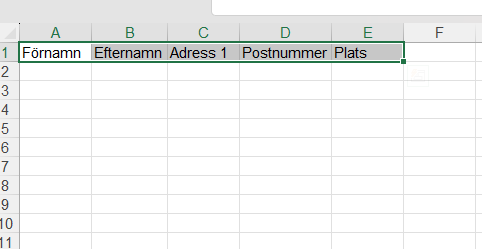 Excel‑ark med kolumner för förnamn, efternamn, adress, postnummer och plats
